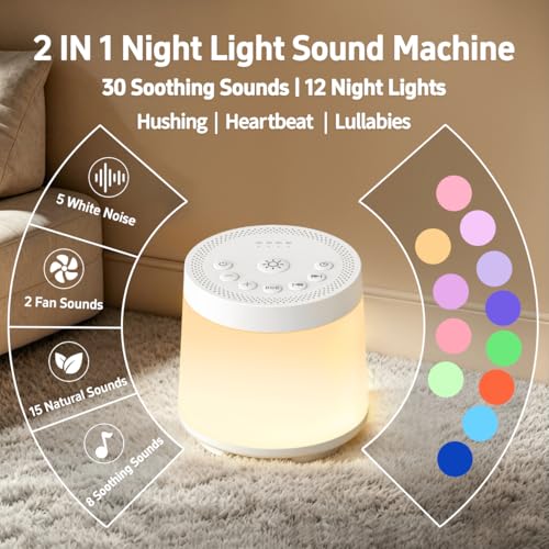 Rechargeable Nursery Night Light Sound White Noise Machine for Baby Kids Adults with Hushing Sounds 30 Sleeping Sounds 12 Colors Night Light 4 Timers Memory Function for Home Breastfeeding Camping