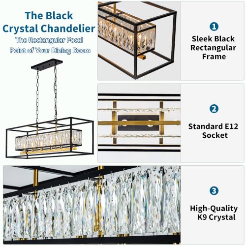 Modern Black and Gold Rectangle Crystal Chandeliers for Dining Room