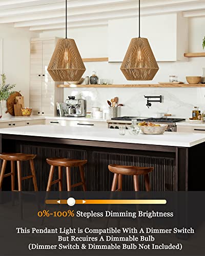 Woven Pendant Lights Modern Boho Hanging Lamp with 12" Handwoven Rattan Basket Shade Adjustable Rustic Pendant Light Fixtures for Kitchen Island Farmhouse Dining Room Bar Bedroom Foyer Hallway
