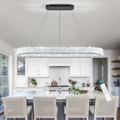 Modern Oval Crystal Chandelier for Dining Room Dimmable LED Chandeliers Rectangular Pendant Light Fixture with Remote for Living Room Kitchen Island Black
