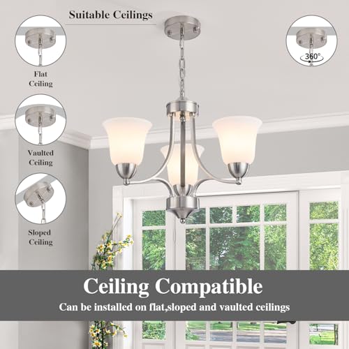 3 Lights Farmhouse Chandelier Brushed Nickel Modern Dining Room Light Fixture Silver Adjustable Ceiling Hanging Pendent Lighting with Frosted Glass for Kitchen Island