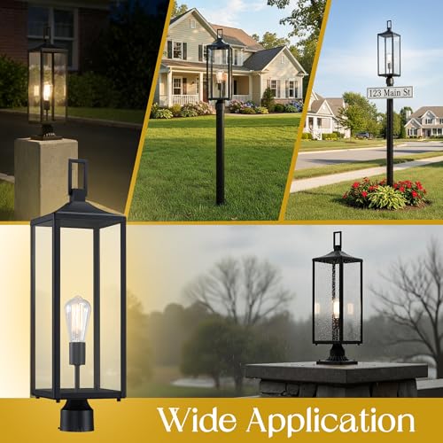25.6” Hardwired Outdoor Post Lamp for Residential Sidewalk Lamp Post Outdoor Lighting for Exterior Gate Post Pier Mount Lights Large Size Steel and Glass 25.6inch Exterior Pillar Lantern
