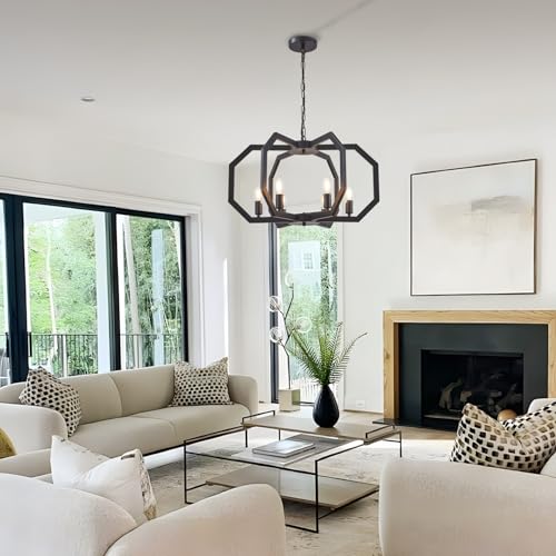 Lanhall 6 Light Farmhouse Chandelier Black Dining Room Light Fixture Modern Rustic Geometric Hanging Pendant Light for Living Room, kitchen Island, Foyer, Entryway, Hallway, Stairway Adjustable Height