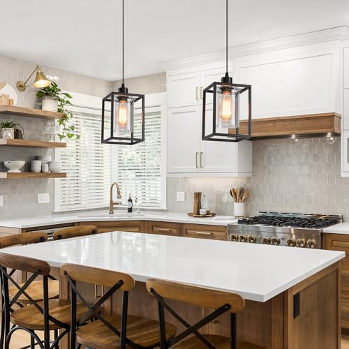 Black Pendant Lights for Kitchen Island Industrial Lantern Pendant Light Fixtures with Clear Glass Shade (2 Count)