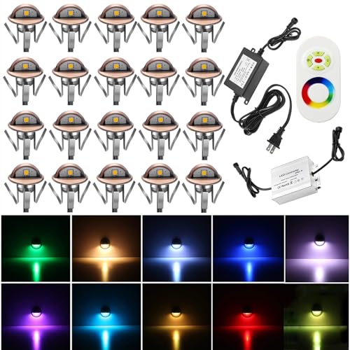 LED Stair Light Low Voltage Waterproof IP65 Outdoor F1.38 Wood 02W~0.4W Multicolored RGB Recessed LED Deck Lighting Yard Garden Patio Step Landscape Pathway Decor Lamp (20 Count)