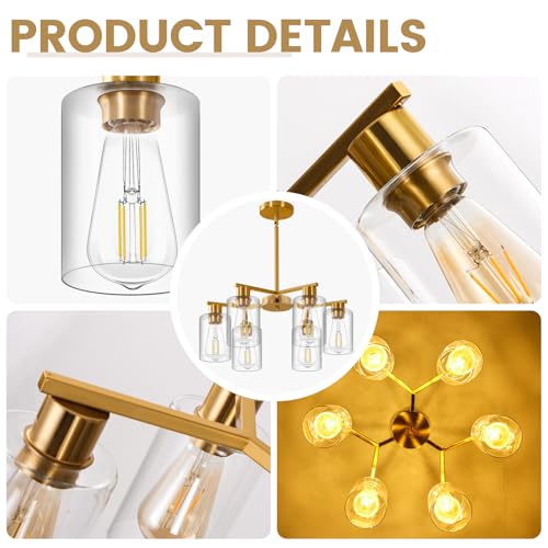 6-Light Modern Gold Chandelier Farmhouse Dining Room Light Fixture with Clear Glass Shade Hanging Ceiling Pendant Lighting for Kitchen Island Living Room Hallway