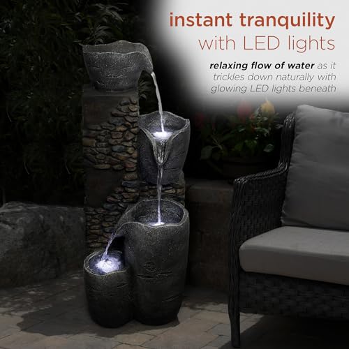 HIM562 Outdoor 4 Tier Stone Bowl Fountain with LED Lights for Garden