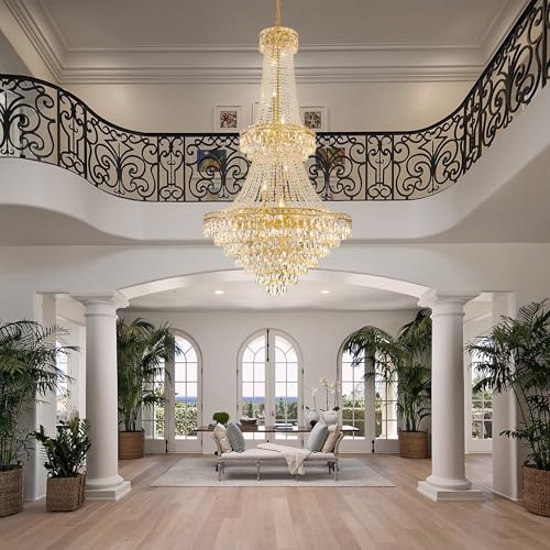 Large Gold Luxury Crystal Chandeliers 26 Lights Modern Chandelier for High Ceilings Crystal Pendant Light Fixture Foyer Staircase Hallway Entryway Banquet Hall Lobby 63" H x 30.7" D