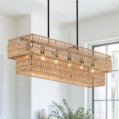 6 Light Boho Rattan Chandeliers for Dining Room