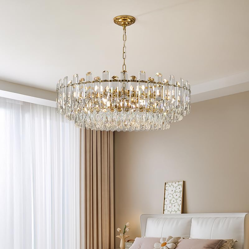 31.5" Gold Crystal Chandeliers Fully Transparent Crystal Modern3