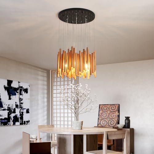 8 Light Farmhouse Wood High Ceiling Chandelier Rustic Large Ceiling Light Fixture Hanging Pendat Light for Dining Room Living Room Foyer Staircases Kitchen Island