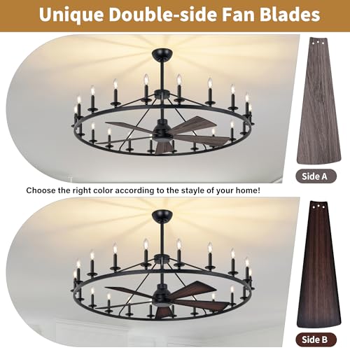 50" Black Wagon Wheel Chandelier with Fans