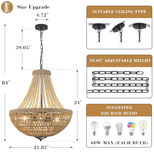 22" Wood Beaded Chandelier Boho Farmhouse Pendant Light for Dining Room