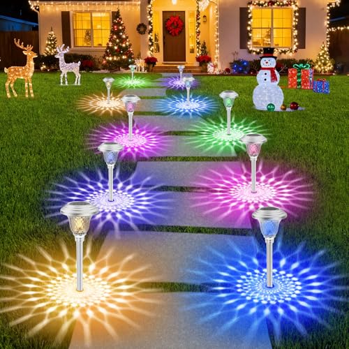 8 Pack Solar Pathway Lights White+ Color Changing Stainless Steel 3 Mode Outdoor Multicolor Metal Solar Powered Waterproof Glass for Garden Landscape Path Yard Walkway Driveway Silver (8 Count)