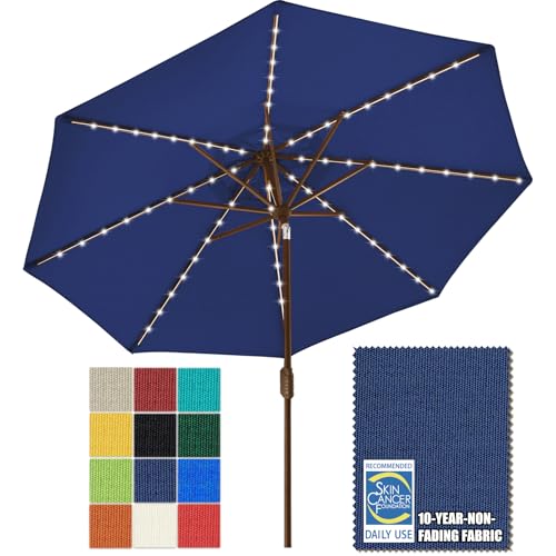 USA 10-Year-Non-Fading 9ft Market Patio Umbrella, Commercial Grade Table Sun Umbrella with 80 Solar LED Lights, Crank Open, Windproof & UPF 50+ UV Protection for Garden, Deck, Pool, Backyard, Navy Blue