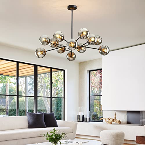 12 Light Mid Century Modern Black and Gold Glass Globe Sputnik Chandelier