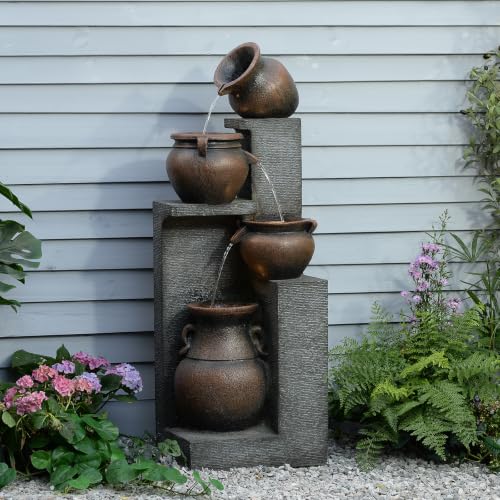 50H Water Fountain Outdoor with 5Tiers Modern Cascading Jar and Stacked Water Fountain with LED Lights for Patio