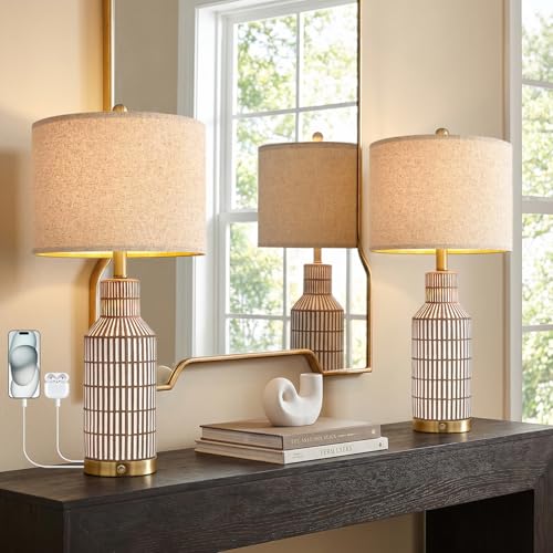 25" Modern 3 Way Dimmable Touch Control with USB A+C Ceramic Lamps Set of 2 Table Lamp for Living Room Bedroom Farmhouse Nightstand Bedside Brown (2 Count)