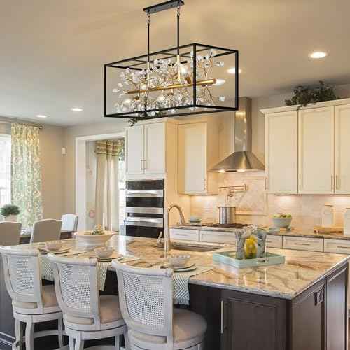 Large Black and Gold Rectangle Chandelier, 8-Light Modern Farmhouse Dining Room Light Fixtures Over Table, Crystal Chandeliers for Kitchen Island Pool Table Room