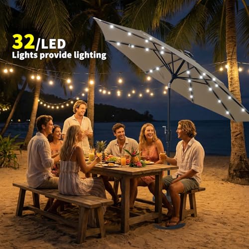 9FT Solar Patio Umbrella with 32 LED Lights