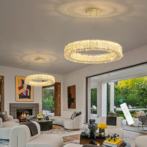 24 Inch Chandelier Glam Dimmable Crystal Chandeliers Luxury Remote Ceiling Pendants Lighting Fixtures for Dining Room Bedrooms Gold