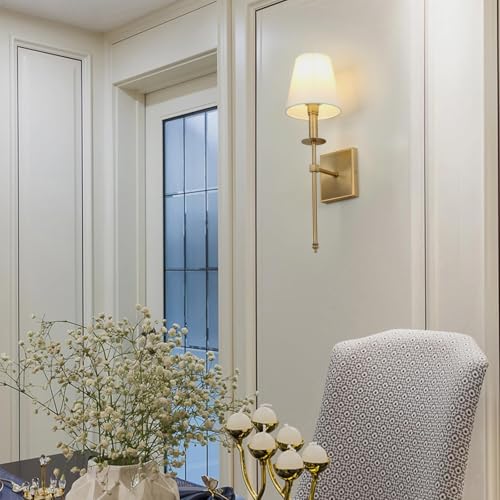 Set of 2 Classic Rustic Industrial Wall Sconce Lighting Fixture with Flared White Textile Lamp Shade and Antique Brass Tapered Column Stand (2 Count)