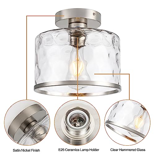 Modern Semi Flush Mount Ceiling Light with Industrial Clear Hammered Glass Lampshade