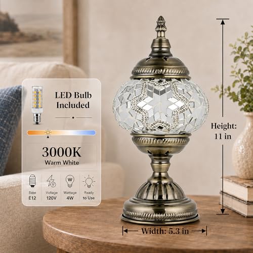 Turkish Moroccan Table Lamp Lantern with Handmade Mosaic Glass Lampshade Tiffany Style Bohemian Stained Glass Decorative Desk Lamps Bedside Night Lights for Bedroom