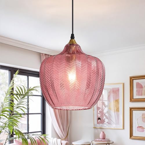 Pink Glass Pendant Lights Kitchen Island Gold Hanging Ceiling Light 9.45"