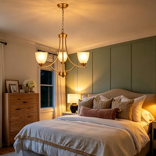 3 Light Retro Gold Finish Chandeliers with Alabaster Glass Shade