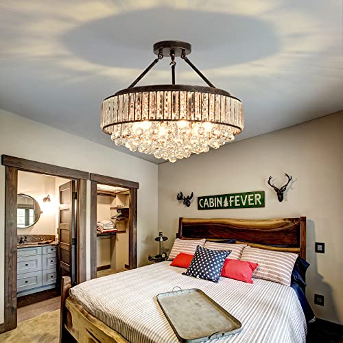 6 Light Modern Crystal Oil Rubbed Bronze Metal Semi Flush Mount Ceiling Light Fixture E26 Indoor Round Ceiling Lamp for Dining