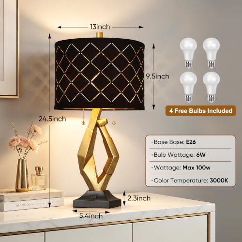 Modern Black and Gold Table Lamps Set of 2 with Dual Pull Chains Switch (2 Count)