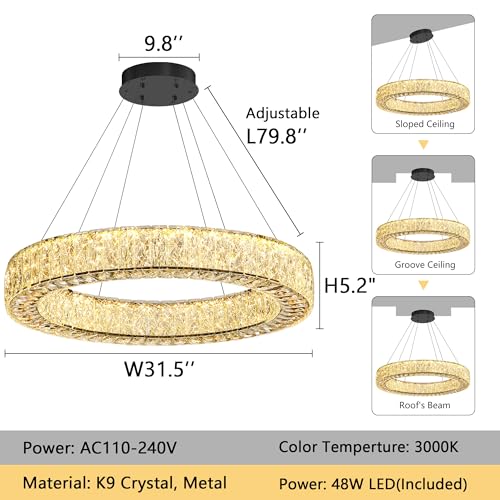Modern Round Crystal Chandelier Dimmable LED Hanging Light Fixture with Remote for Living Room Dining Room Bedroom Black