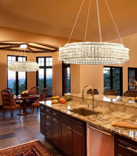 W32 Modern Chandeliers for Living Room LED Dimmable Pendant Lighting High Ceiling Chandelier for Dining Room Foyer Hallway Crystal Rectangle Light Fixtures Silver