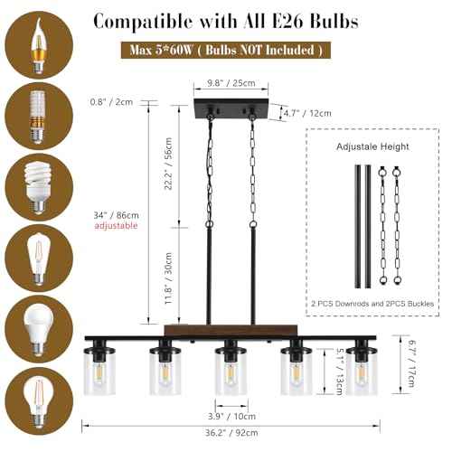 36.2‘’ Kitchen Lighting, 5-Light Dining Room Light Fixture Chandelier Over Table, Black Modern Rustic Wood Ceiling Pendant Light Fixtures, with Clear Glass Shade, Farmhouse Chandelier