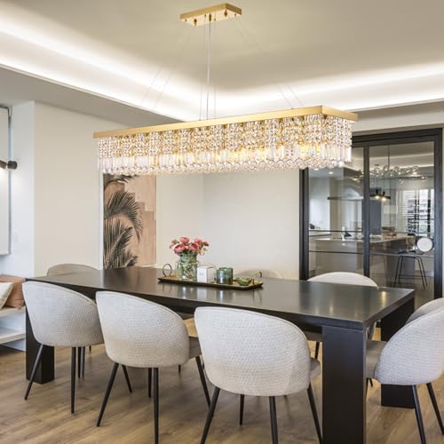 Large Rectangular Gold Crystal Chandelier for Dining Room