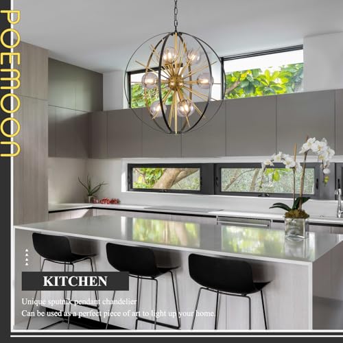 24" 9 Light Black Gold Sputnik Chandeliers with Smoke Glass Shade
