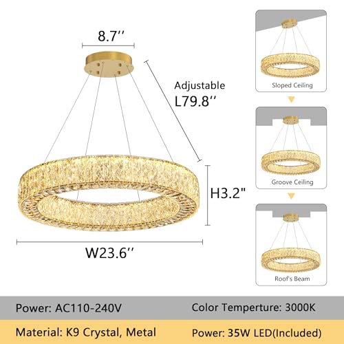 24 Inch Chandelier Glam Dimmable Crystal Chandeliers Luxury Remote Ceiling Pendants Lighting Fixtures for Dining Room Bedrooms Gold