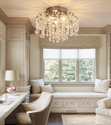 Small Crystal Chandelier Flush Mount Ceiling Light 3 Lights Modern Chrome Iron Raindrop Crystal Ceiling Fixture for Bedroom Hallway Closet Entryway Stairs