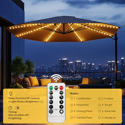 Patio Umbrella Lights 120 LED Cordless Lights for Outdoor Umbrella with Remote Control Battery Operated Parasol Ambient Lighting for 7