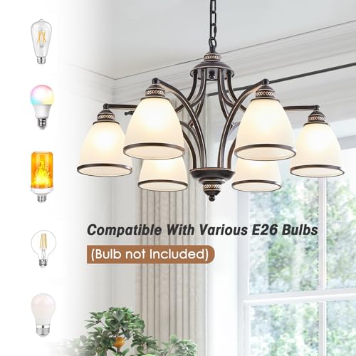 6 Light Chandeliers for Dining Room with Frosted Glass Black and Gold Strokes Modern 30’’Ceiling Hanging Light Fixtures Classic Pendant Lighting for Kitchen (6 Count)