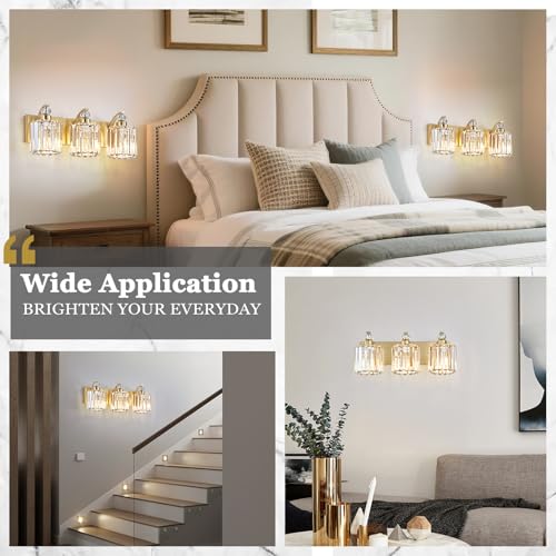3 Lights Brushed Brass Bathroom Light Fixture Gold Vanity Lights Modern Crystal Bathroom Vanity Lighting Over Mirror Wall Sconce with K9 Crystal Shade E26 Base for Living Room