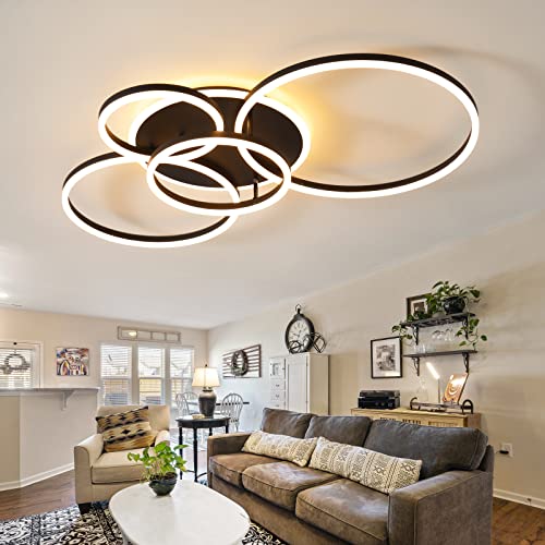 Modern LED Ceiling Light 90W Dimmable Ceiling Light Fixture with Remote Control 5 Rings Flush Mount Ceiling Light Black Acrylic Chandelier LED for Living Room Bedroom Kitchen Light fixtures