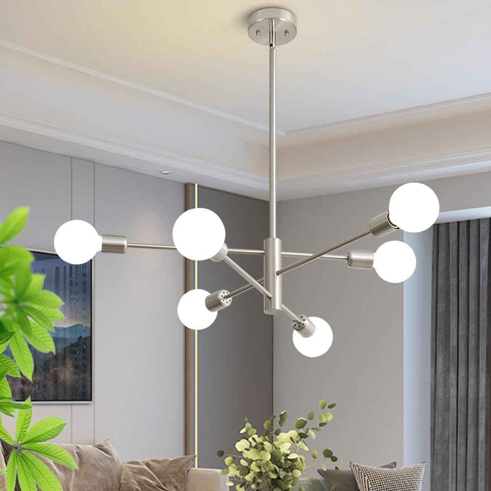 Chandeliers for Dining Room Brushed Nickel 6Light Modern Kitchen Chandelier | Sputnik Ceiling Light Fixture, UL Certified, E26 Base 60W Max, Height Adjustable, Dimmable Mid Century Style for Living Room