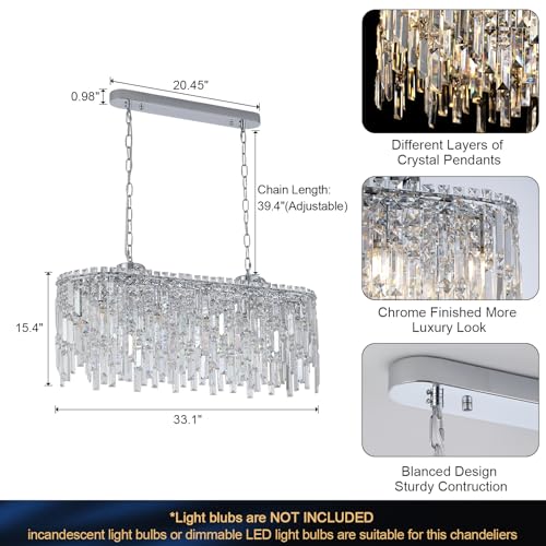 Rectangular Crystal Chandelier for Dining Room Modern Chrome Chandelier Linear Rectangle Pendant Light Fixtures for Kitchen Island L33” K9 Luxury Long Chandelier for Living Room