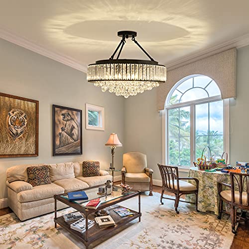 6 Light Modern Large Crystal Chandelier Black Metal E26 Semi Flush Mount Round Light Fixture Ceiling Lamp Farmhouse for Dining Living Room Laundry Foyer Kitchen Balcony Bedroom