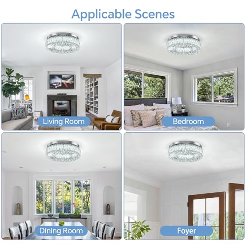 16.5 Inch Dimmable Chandelier with Remote Control LED Crystal Chandelier Modern Flush Mount Ceiling Light Fixtures for Living Room Bedroom Dining Room Entrance