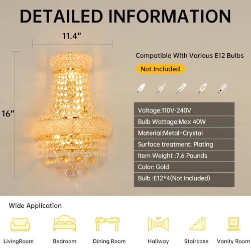 4 Lights Empire Crystal Wall Sconce Light for Living Room