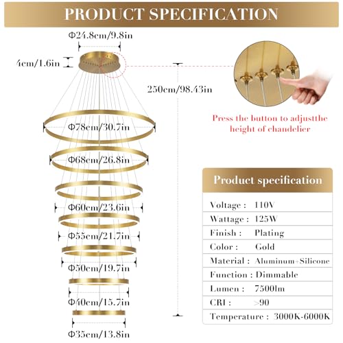 High Ceiling Brushed Gold Ring Chandeliers 7 (7 Count)