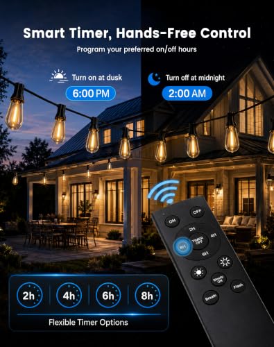 60FT(50+10) Outdoor String Lights, 2FT Spacing 25 LED Edison Bulbs, Waterproof, Shatterproof, Dimmable, Warm White, 3 Modes, Timer, Plug in Hanging Backyard Lights for Outside, Patio (50+10FT(25 Sockets))